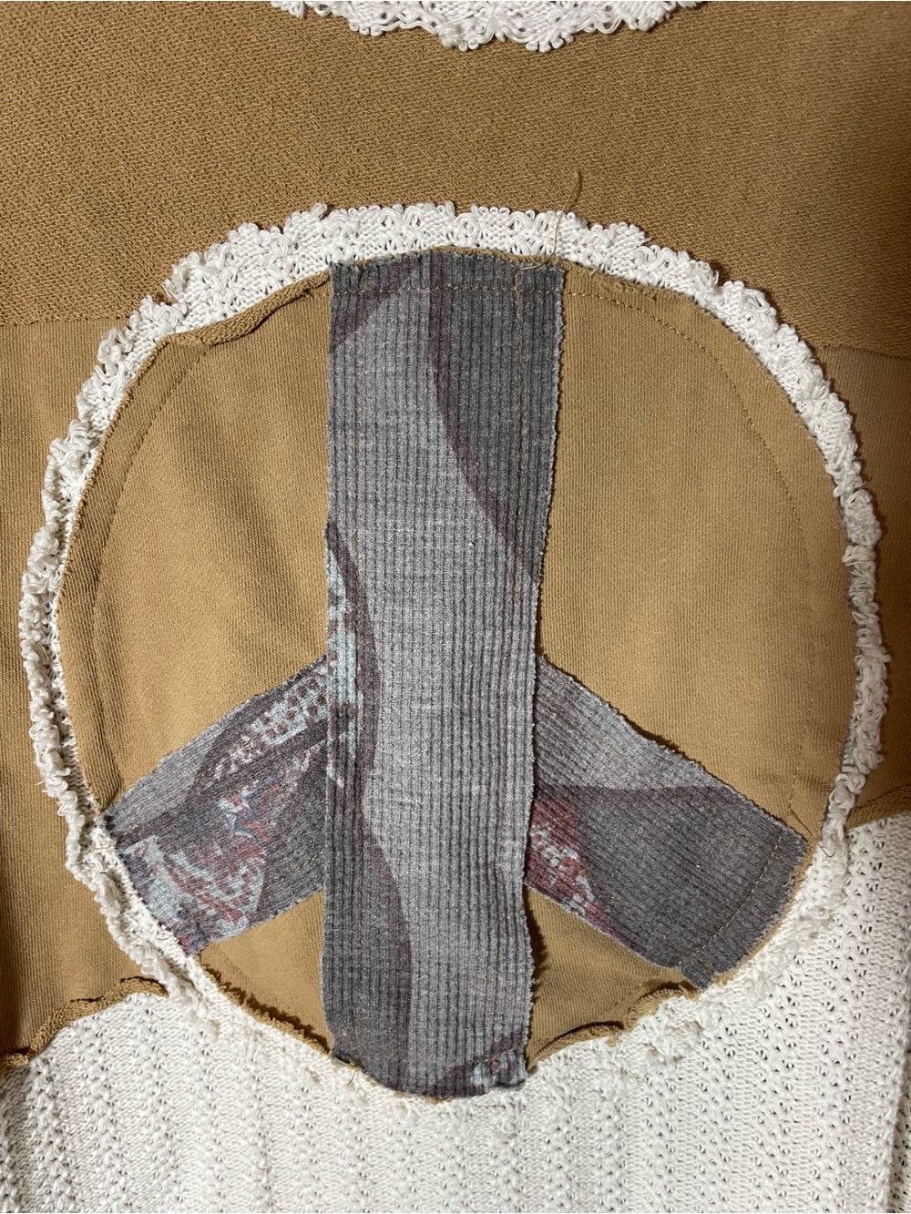 POL Cream and Tan Peace Sign Patchwork Pullover - Picture 3 of 4